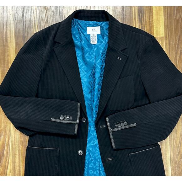 Armani Exchange Men’s Black Pinstripe Blazer Size L Leather Statement Luxury - Picture 3 of 9